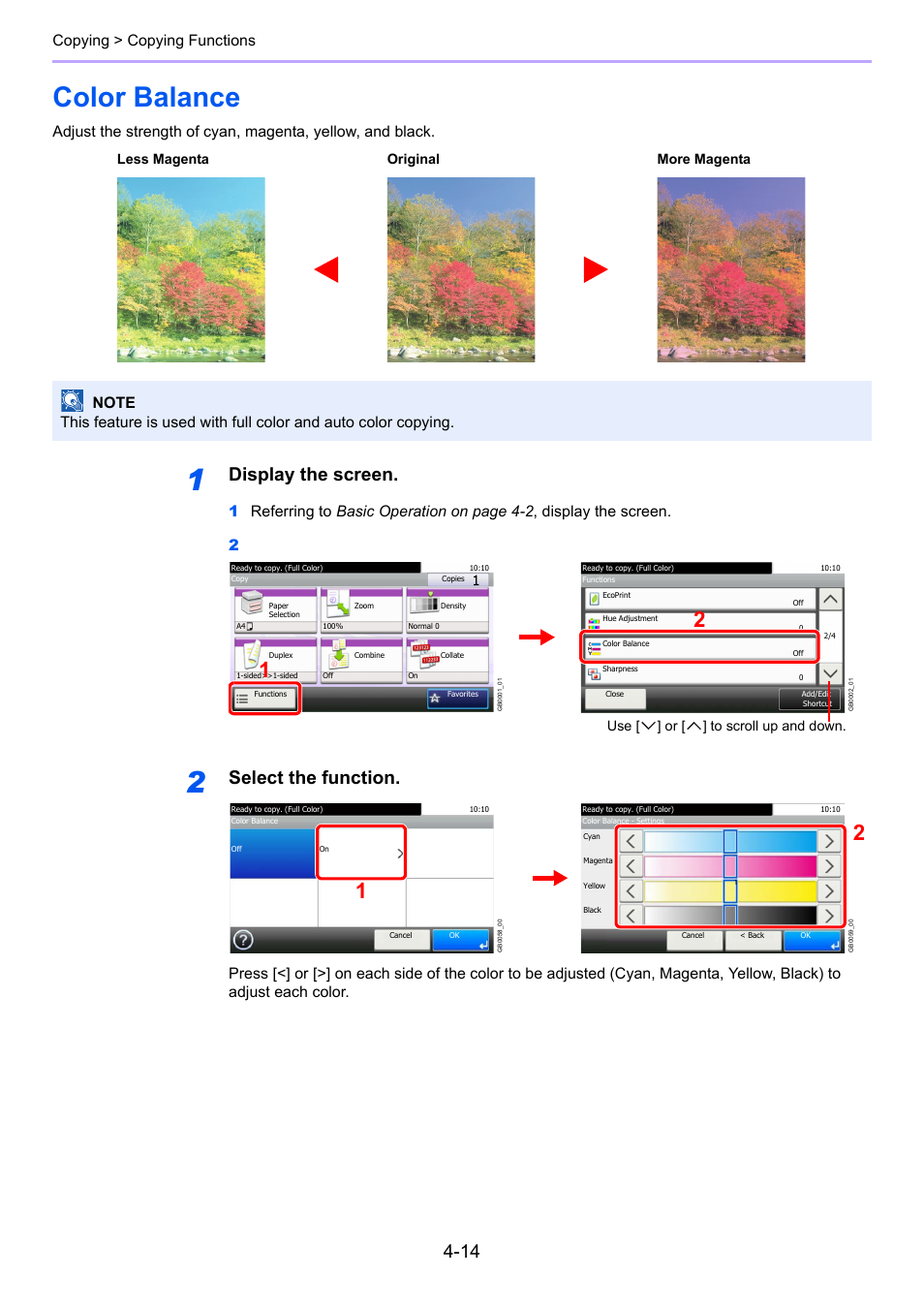Color balance, Color balance -14, Display the screen | Select the function, Copying > copying functions, More magenta original less magenta, Use [ ] or [ ] to scroll up and down | TA Triumph-Adler 261ci User Manual | Page 148 / 396