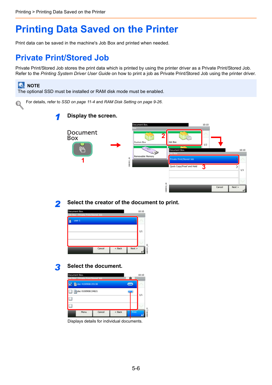 Printing data saved on the printer, Private print/stored job, Printing data saved on the printer -6 | Private print/stored job -6, Age 5-6, Display the screen, Select the creator of the document to print, Select the document, Printing > printing data saved on the printer | TA Triumph-Adler 261ci User Manual | Page 156 / 396