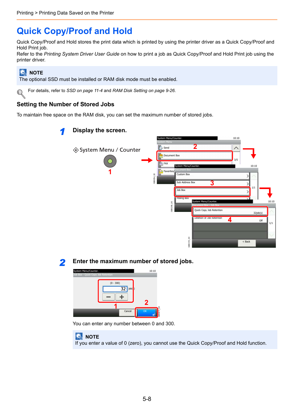 Quick copy/proof and hold, Quick copy/proof and hold -8, Setting the number of stored jobs | Display the screen, Enter the maximum number of stored jobs, Printing > printing data saved on the printer | TA Triumph-Adler 261ci User Manual | Page 158 / 396