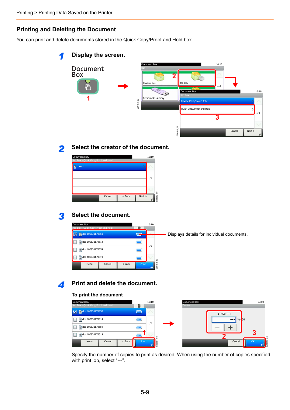 Printing and deleting the document, Display the screen, Select the creator of the document | Select the document, Print and delete the document, Printing > printing data saved on the printer, Displays details for individual documents | TA Triumph-Adler 261ci User Manual | Page 159 / 396