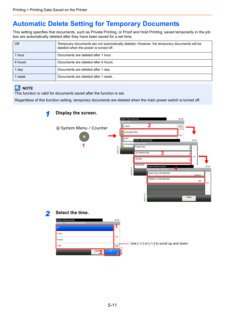 Automatic delete setting for temporary documents, Display the screen, Select the time | Printing > printing data saved on the printer | TA Triumph-Adler 261ci User Manual | Page 161 / 396