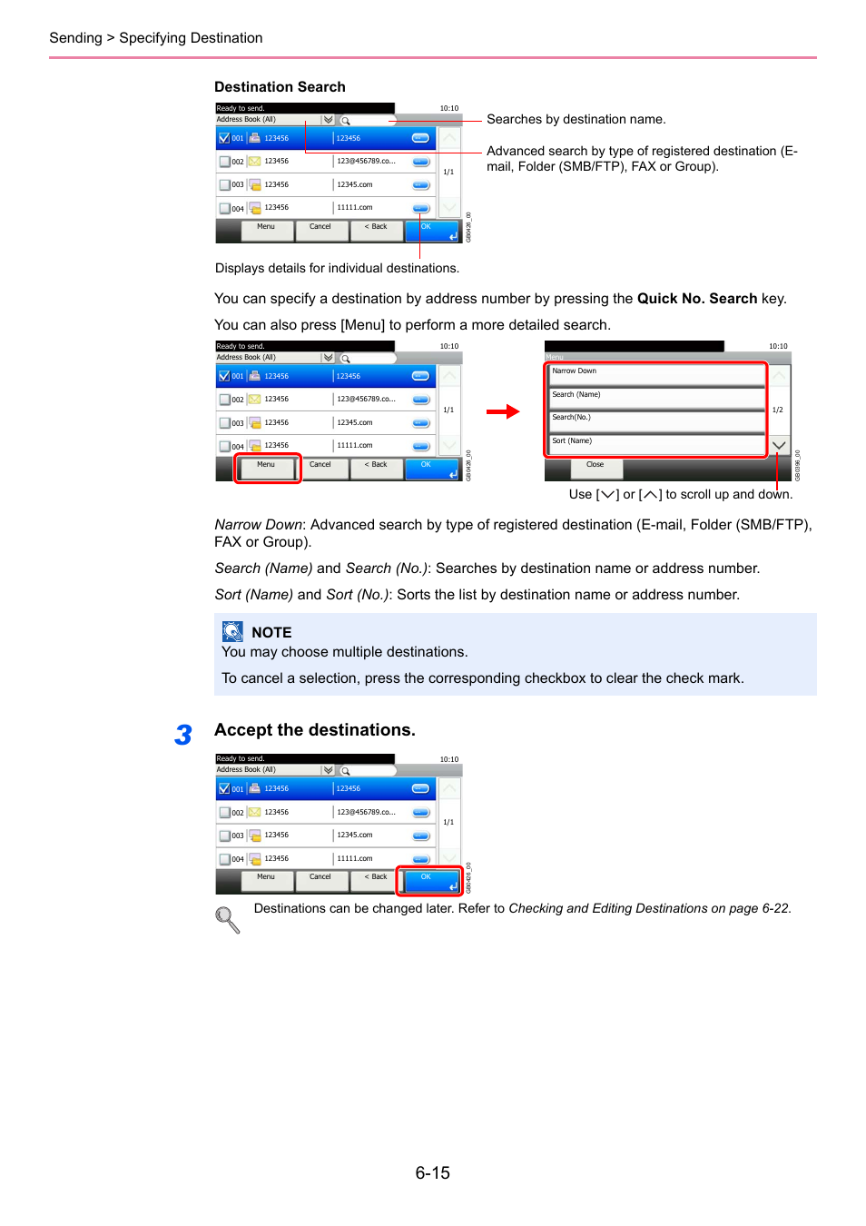 Accept the destinations, Use [ ] or [ ] to scroll up and down | TA Triumph-Adler 261ci User Manual | Page 177 / 396