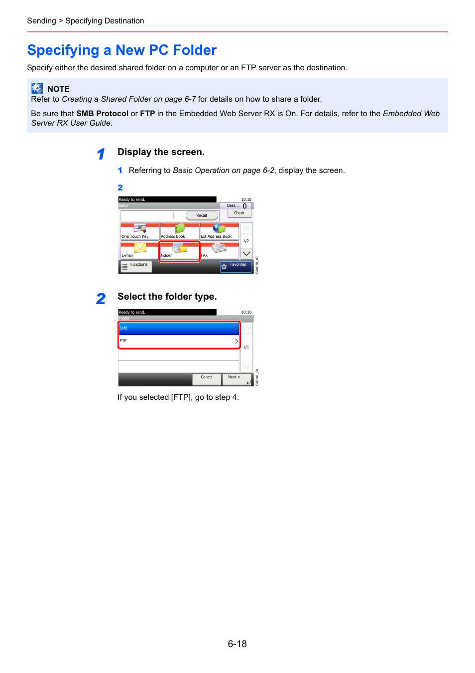Specifying a new pc folder, Specifying a new pc folder -18, Specifying a new pc folder (p | E 6-18, Display the screen, Select the folder type, Sending > specifying destination | TA Triumph-Adler 261ci User Manual | Page 180 / 396