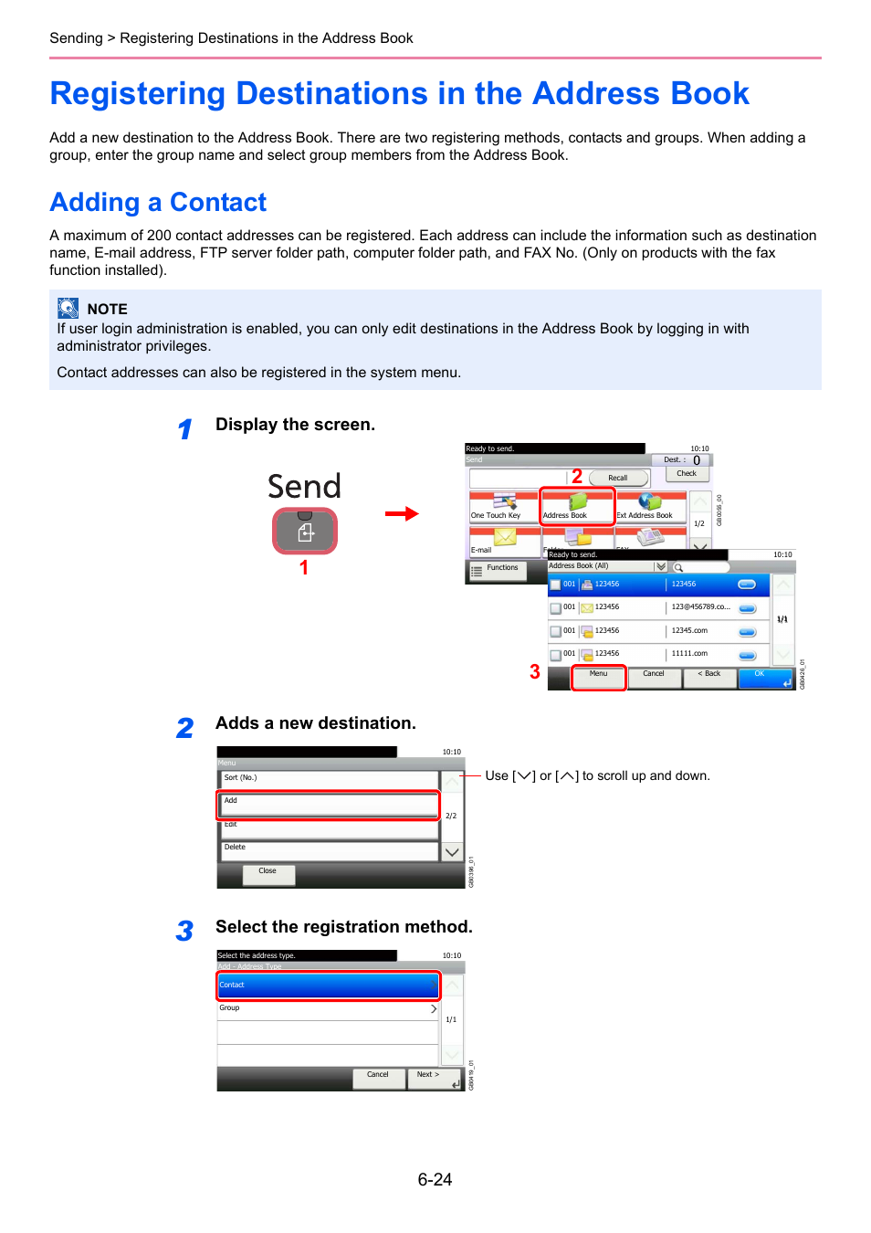Registering destinations in the address book, Adding a contact, Registering destinations in the address book -24 | Adding a contact -24, Display the screen, Adds a new destination, Select the registration method | TA Triumph-Adler 261ci User Manual | Page 186 / 396
