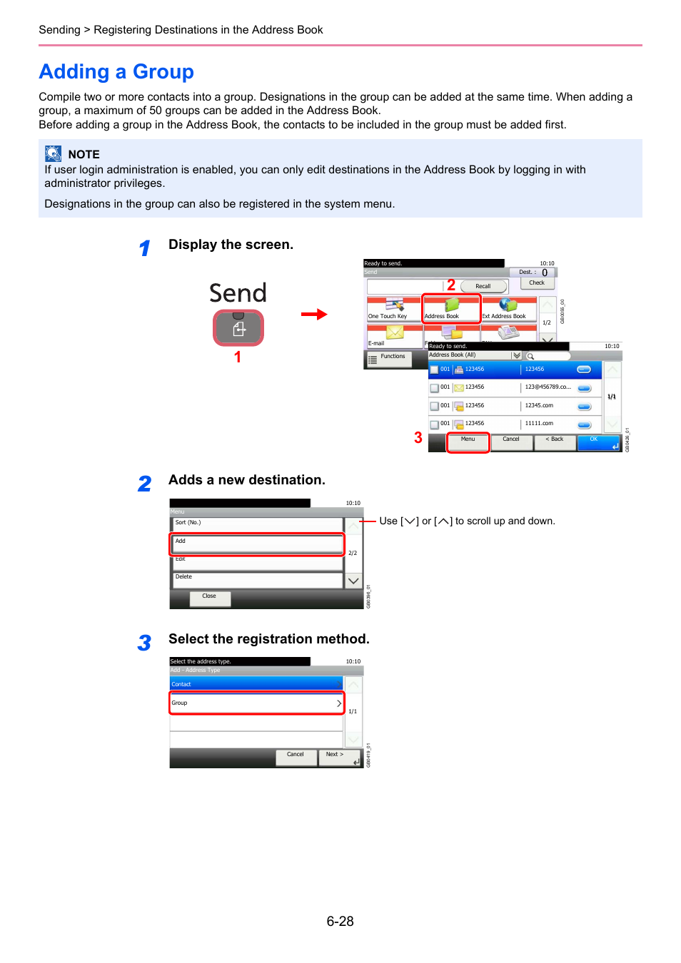 Adding a group, Adding a group -28, Display the screen | Adds a new destination, Select the registration method, Use [ ] or [ ] to scroll up and down | TA Triumph-Adler 261ci User Manual | Page 190 / 396