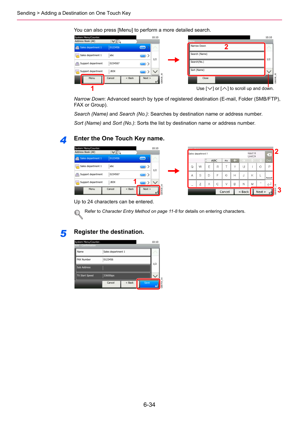 Enter the one touch key name, Register the destination, Up to 24 characters can be entered | Use [ ] or [ ] to scroll up and down | TA Triumph-Adler 261ci User Manual | Page 196 / 396