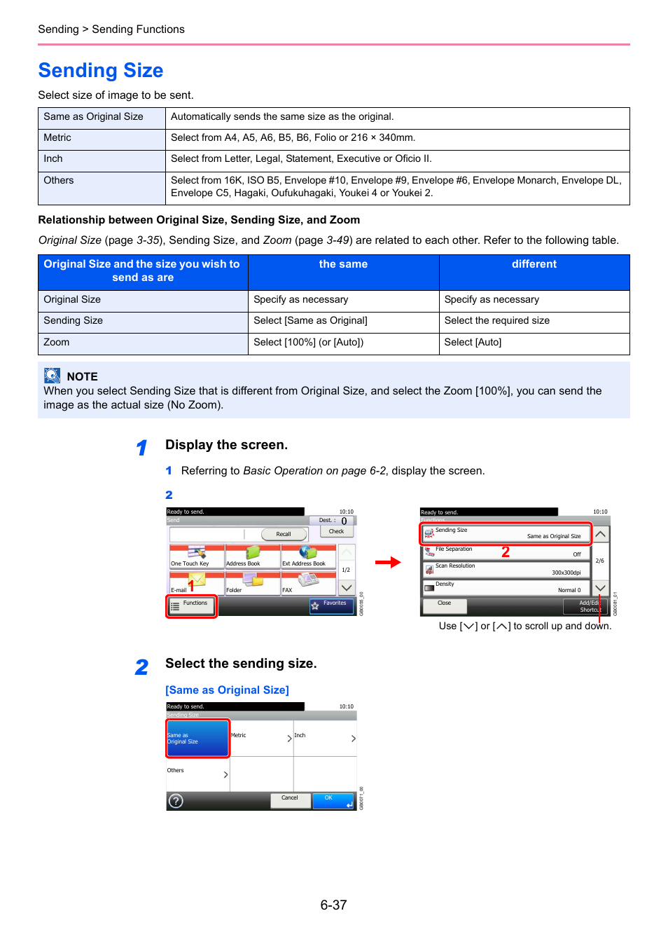 Sending size, Sending size -37, E 6-37 ) | Display the screen, Select the sending size, Sending > sending functions, Same as original size | TA Triumph-Adler 261ci User Manual | Page 199 / 396