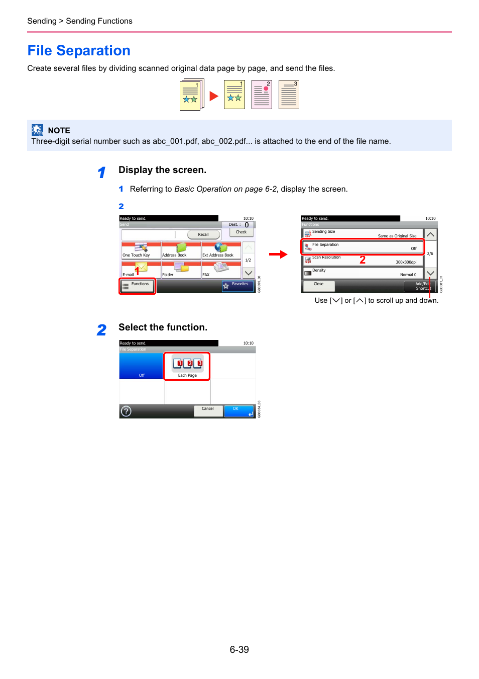 File separation, File separation -39, Display the screen | Select the function, Sending > sending functions | TA Triumph-Adler 261ci User Manual | Page 201 / 396