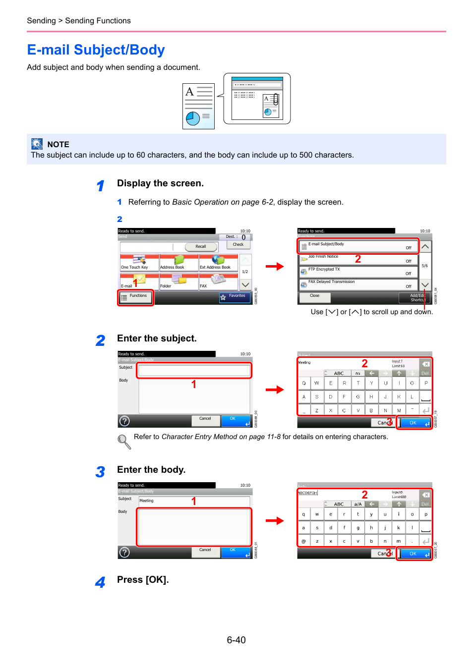 E-mail subject/body, E-mail subject/body -40, Display the screen | Enter the subject, Enter the body, Press [ok, Sending > sending functions, Add subject and body when sending a document | TA Triumph-Adler 261ci User Manual | Page 202 / 396