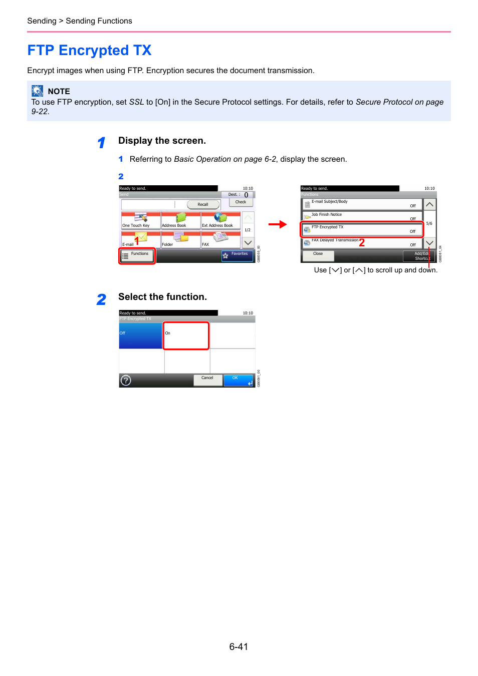 Ftp encrypted tx, Ftp encrypted tx -41, Display the screen | Select the function, Sending > sending functions | TA Triumph-Adler 261ci User Manual | Page 203 / 396