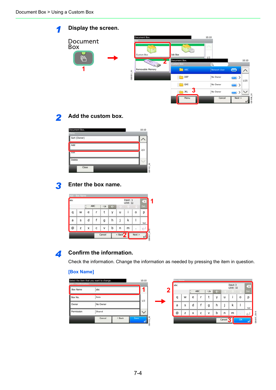 Display the screen, Add the custom box, Enter the box name | Confirm the information, Document box > using a custom box | TA Triumph-Adler 261ci User Manual | Page 212 / 396