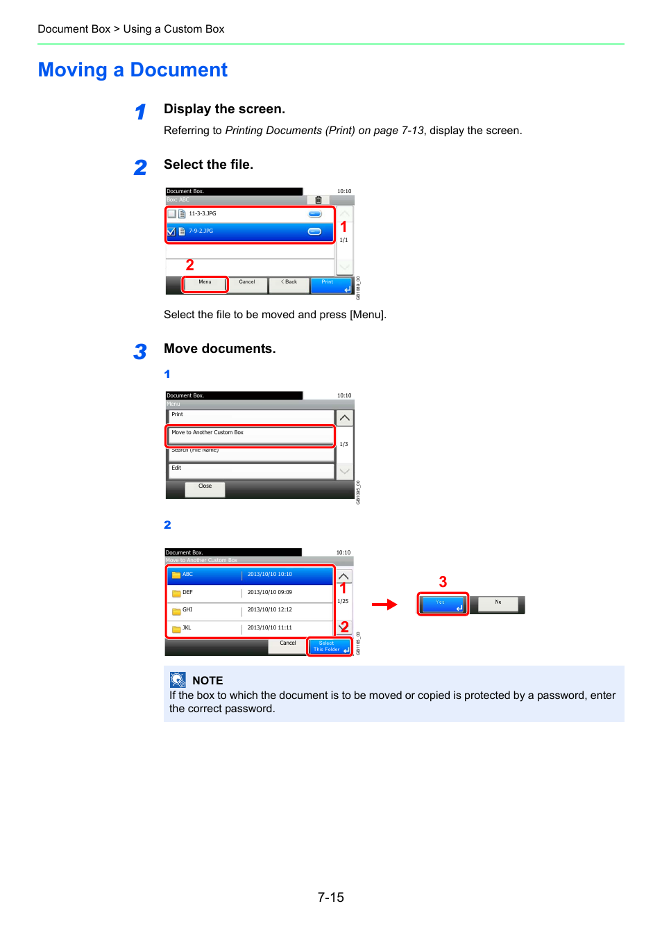 Moving a document, Moving a document -15, Display the screen | Select the file, Move documents, Document box > using a custom box, Select the file to be moved and press [menu | TA Triumph-Adler 261ci User Manual | Page 223 / 396
