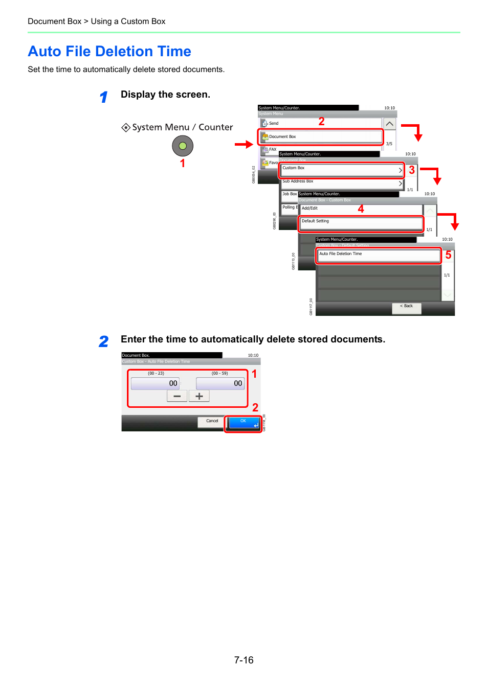 Auto file deletion time, Auto file deletion time -16, Display the screen | Document box > using a custom box | TA Triumph-Adler 261ci User Manual | Page 224 / 396