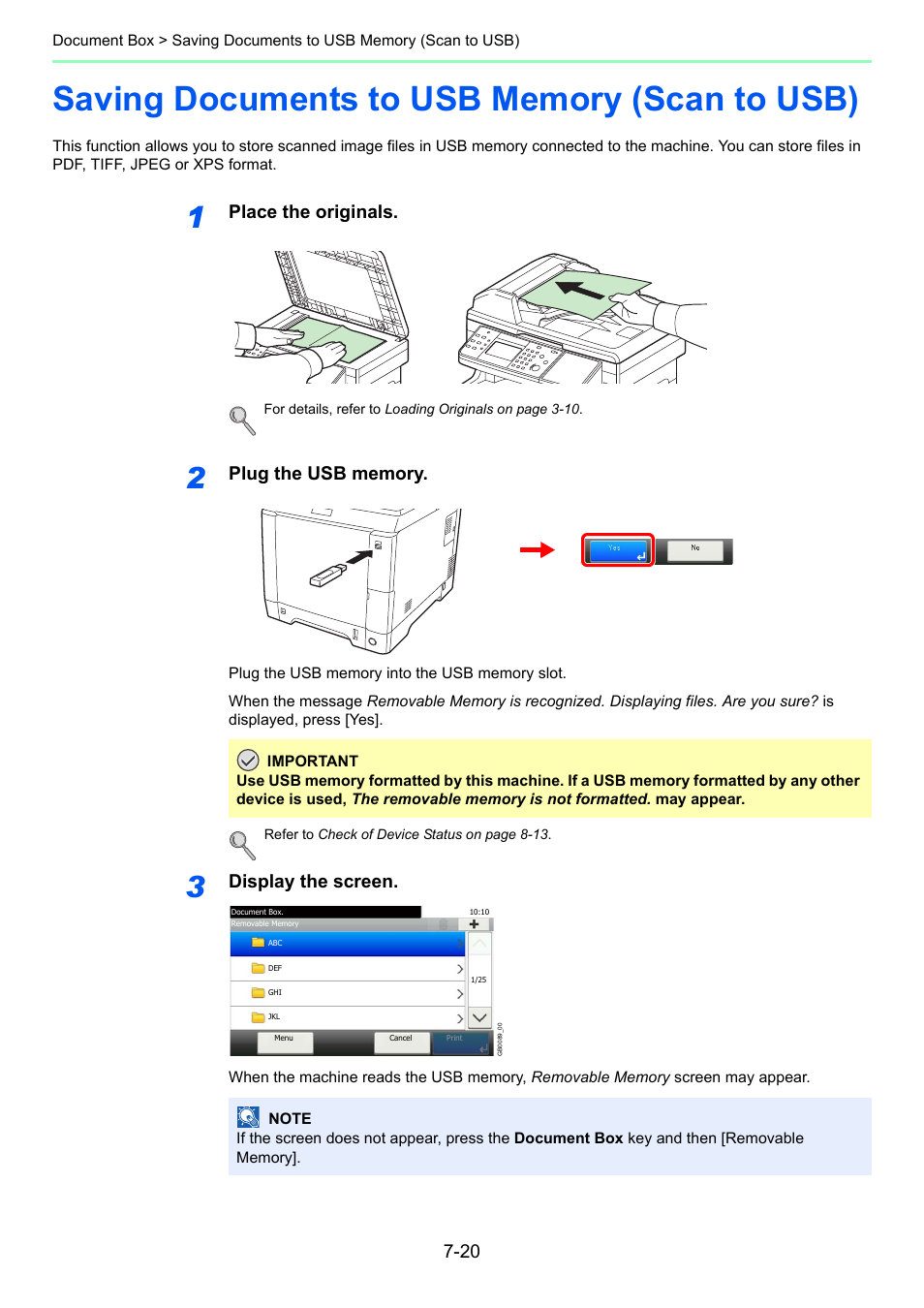 Saving documents to usb memory (scan to usb), Saving documents to usb memory (scan to usb) -20, Place the originals | Display the screen | TA Triumph-Adler 261ci User Manual | Page 228 / 396
