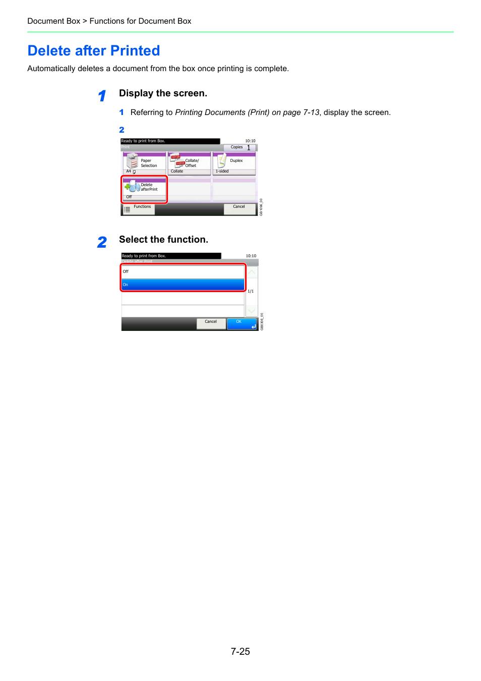 Delete after printed, Delete after printed -25, Age 7-25 | Display the screen, Select the function, Document box > functions for document box | TA Triumph-Adler 261ci User Manual | Page 233 / 396