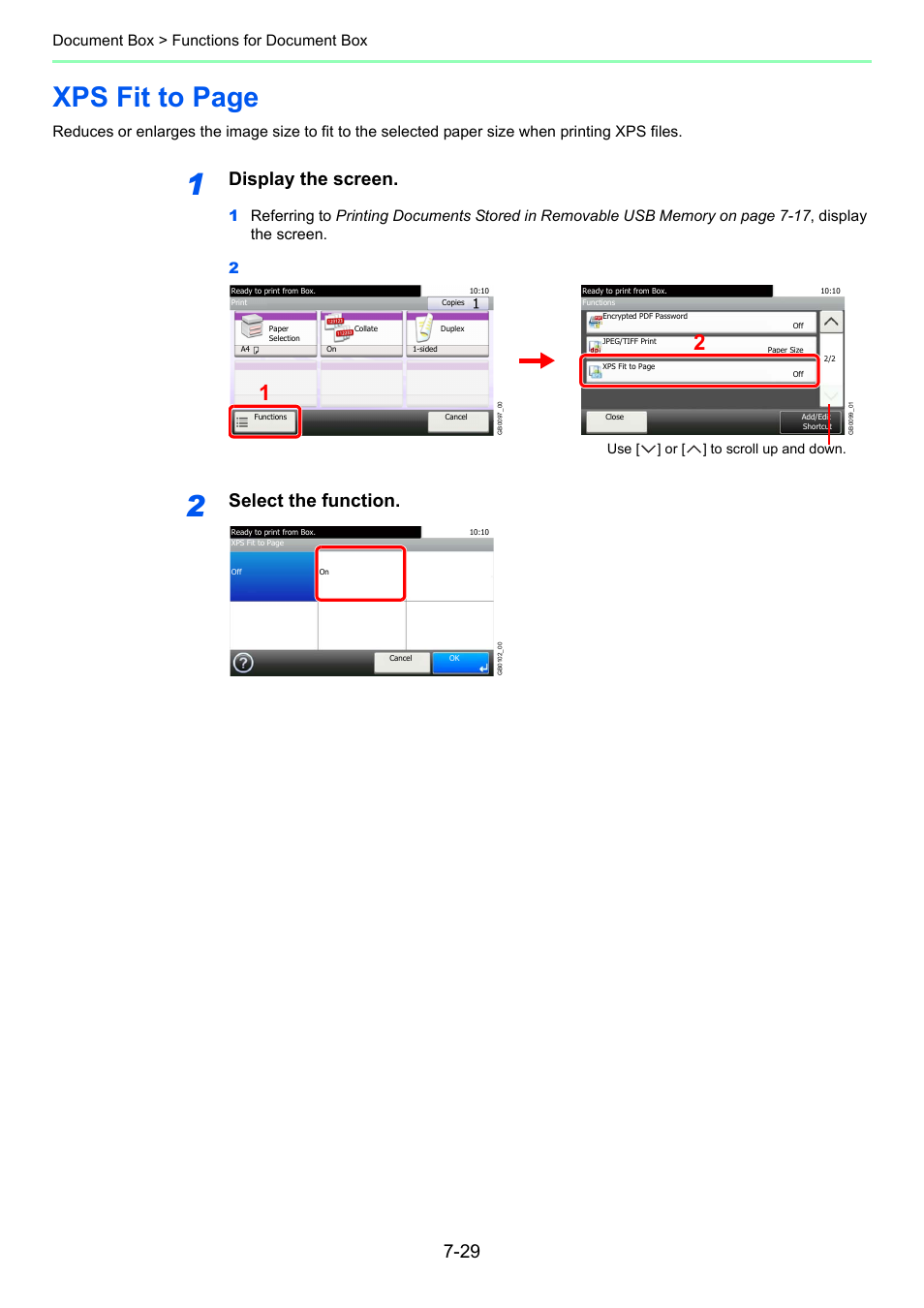 Xps fit to page, Display the screen, Select the function | Document box > functions for document box | TA Triumph-Adler 261ci User Manual | Page 237 / 396