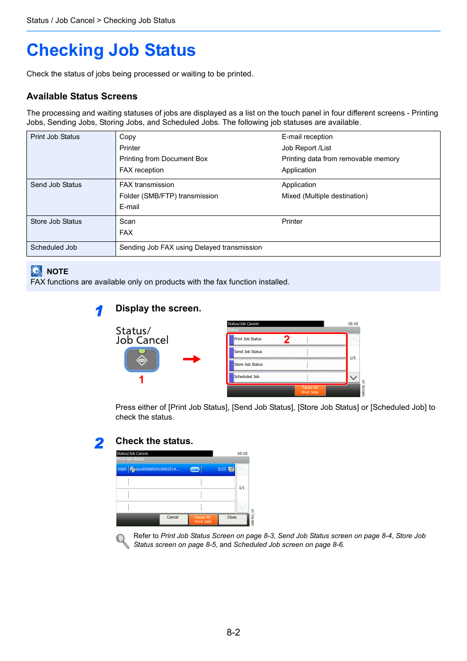 Checking job status, Checking job status -2, Available status screens | Display the screen, Check the status | TA Triumph-Adler 261ci User Manual | Page 242 / 396