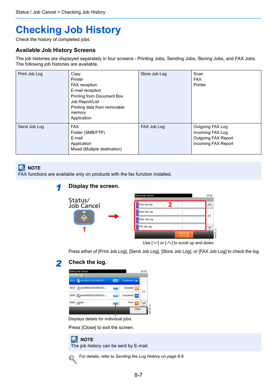 Checking job history, Checking job history -7, Ge 8-7 | Available job history screens, Display the screen, Check the log | TA Triumph-Adler 261ci User Manual | Page 247 / 396