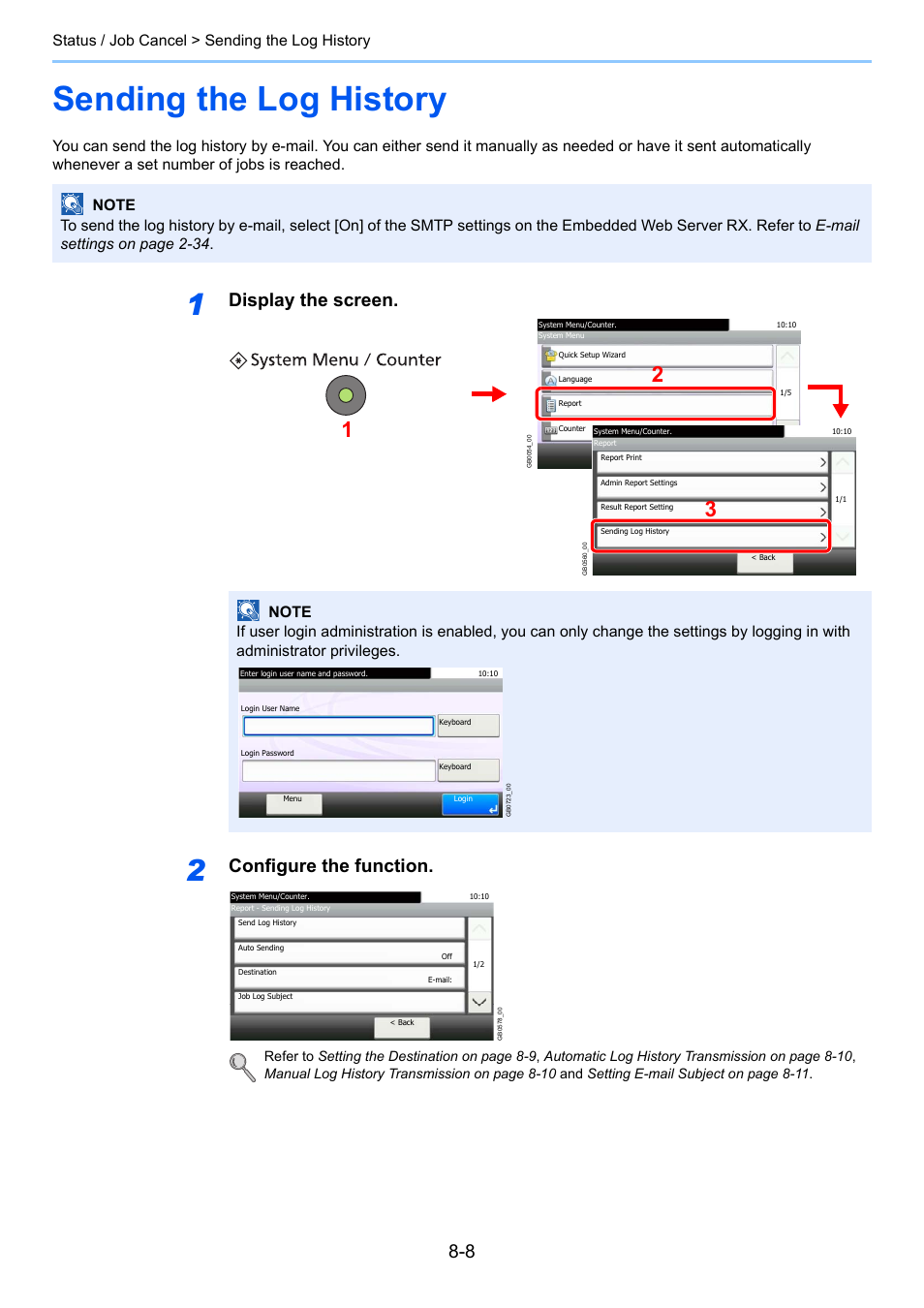 Sending the log history, Sending the log history -8, Display the screen | Configure the function, Status / job cancel > sending the log history | TA Triumph-Adler 261ci User Manual | Page 248 / 396