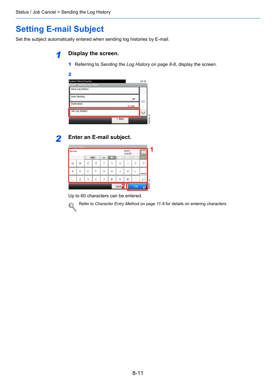 Setting e-mail subject, Setting e-mail subject -11, Display the screen | Enter an e-mail subject | TA Triumph-Adler 261ci User Manual | Page 251 / 396