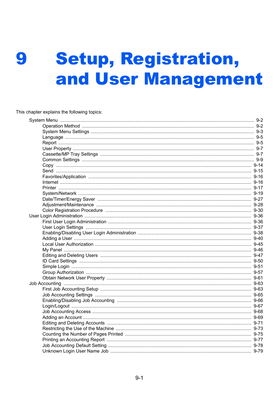 9 setup, registration, and user management, Setup, registration, and user management -1, Setup, registration, and user management | 9setup, registration, and user management | TA Triumph-Adler 261ci User Manual | Page 257 / 396