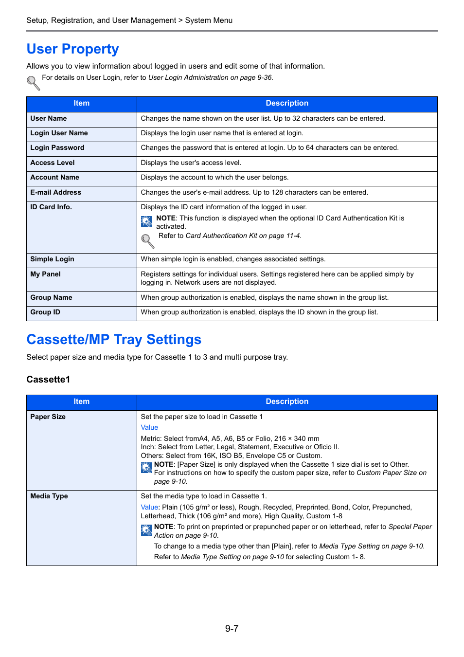 User property, Cassette/mp tray settings, User property -7 cassette/mp tray settings -7 | E 9-7 ), Cassette1 | TA Triumph-Adler 261ci User Manual | Page 263 / 396
