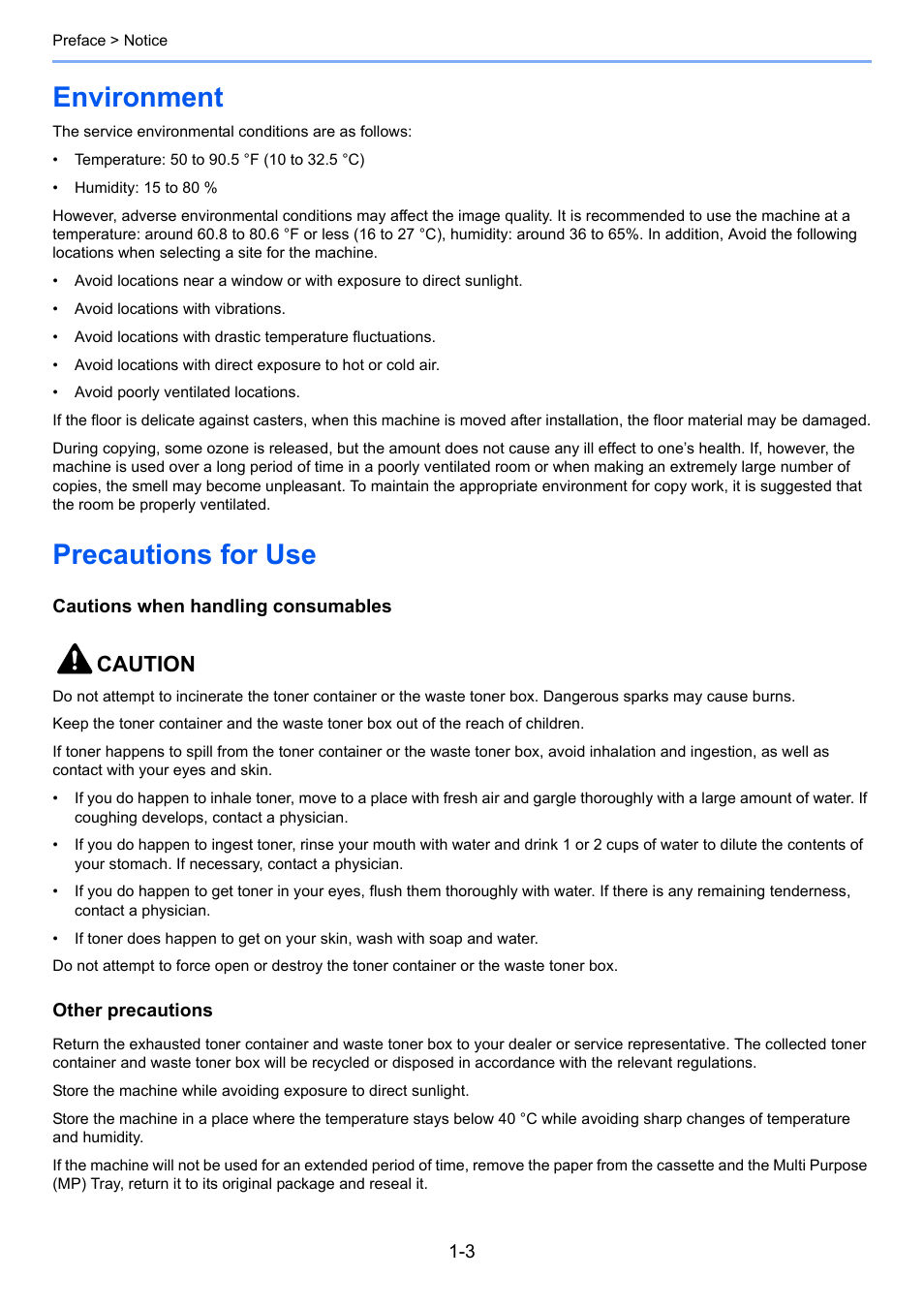 Environment, Precautions for use, Environment -3 precautions for use -3 | Caution | TA Triumph-Adler 261ci User Manual | Page 27 / 396
