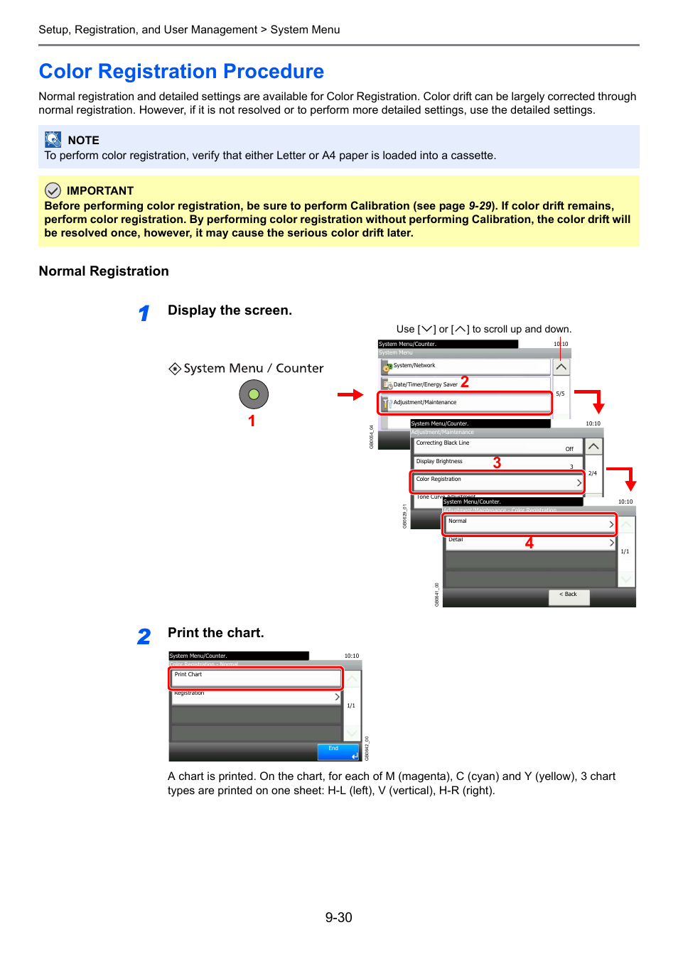 Color registration procedure, Color registration procedure -30, Normal registration | Display the screen, Print the chart | TA Triumph-Adler 261ci User Manual | Page 286 / 396