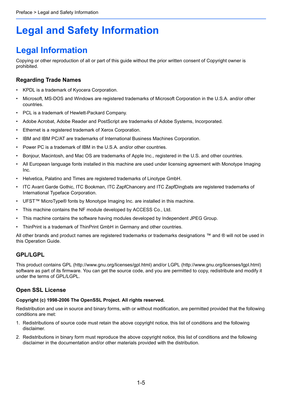 Legal and safety information, Legal information, Legal and safety information -5 | Legal information -5 | TA Triumph-Adler 261ci User Manual | Page 29 / 396