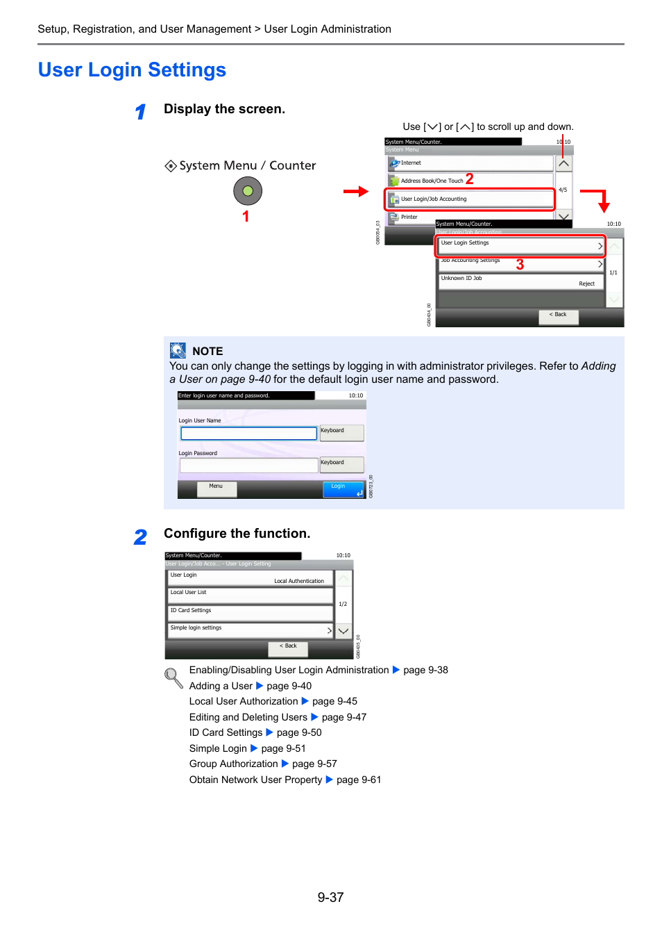 User login settings, User login settings -37, Display the screen | Configure the function | TA Triumph-Adler 261ci User Manual | Page 293 / 396