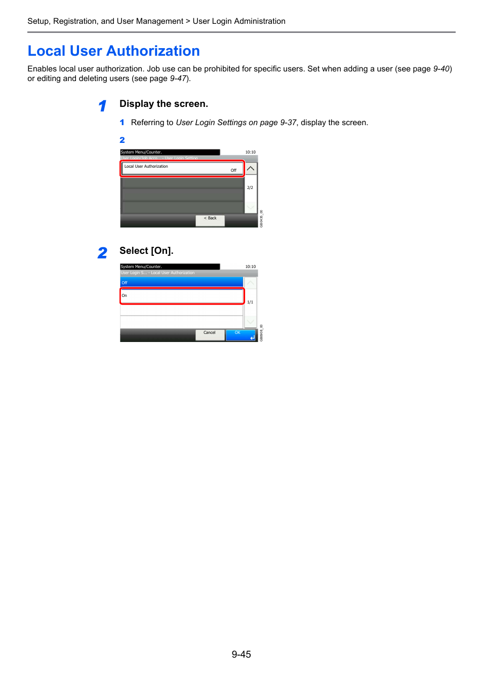 Local user authorization, Local user authorization -45, Age 9-45 | Display the screen, Select [on | TA Triumph-Adler 261ci User Manual | Page 301 / 396