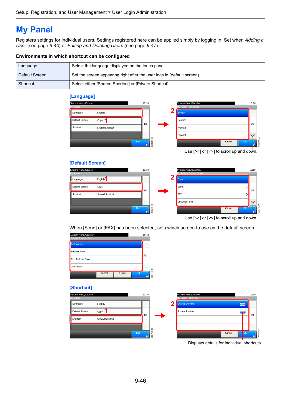 My panel, My panel -46, Use [ ] or [ ] to scroll up and down | Displays details for individual shortcuts | TA Triumph-Adler 261ci User Manual | Page 302 / 396