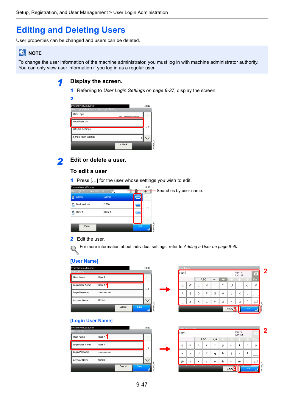 Editing and deleting users, Editing and deleting users -47, Ge 9-47 ) | Display the screen, Edit or delete a user. to edit a user | TA Triumph-Adler 261ci User Manual | Page 303 / 396