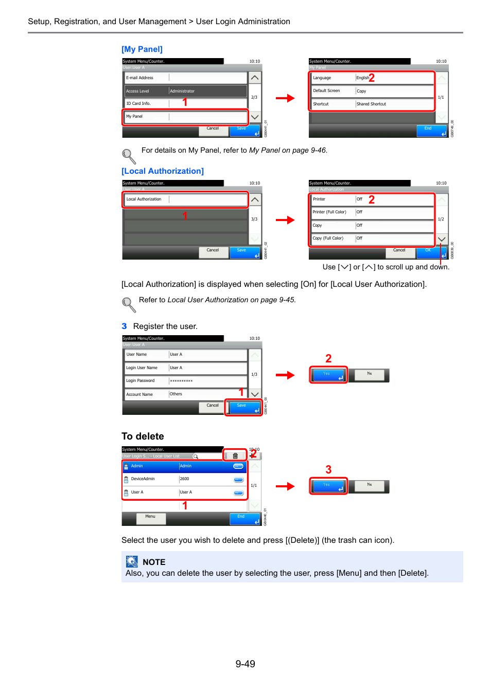3register the user, Refer to local user authorization on page 9-45, Use [ ] or [ ] to scroll up and down | TA Triumph-Adler 261ci User Manual | Page 305 / 396