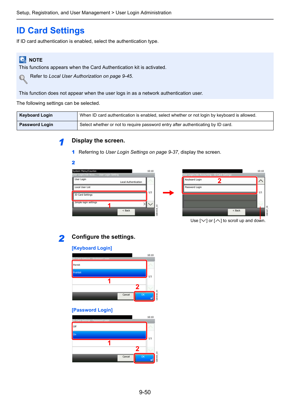 Id card settings, Id card settings -50, Age 9-50 ) | Display the screen, Configure the settings | TA Triumph-Adler 261ci User Manual | Page 306 / 396