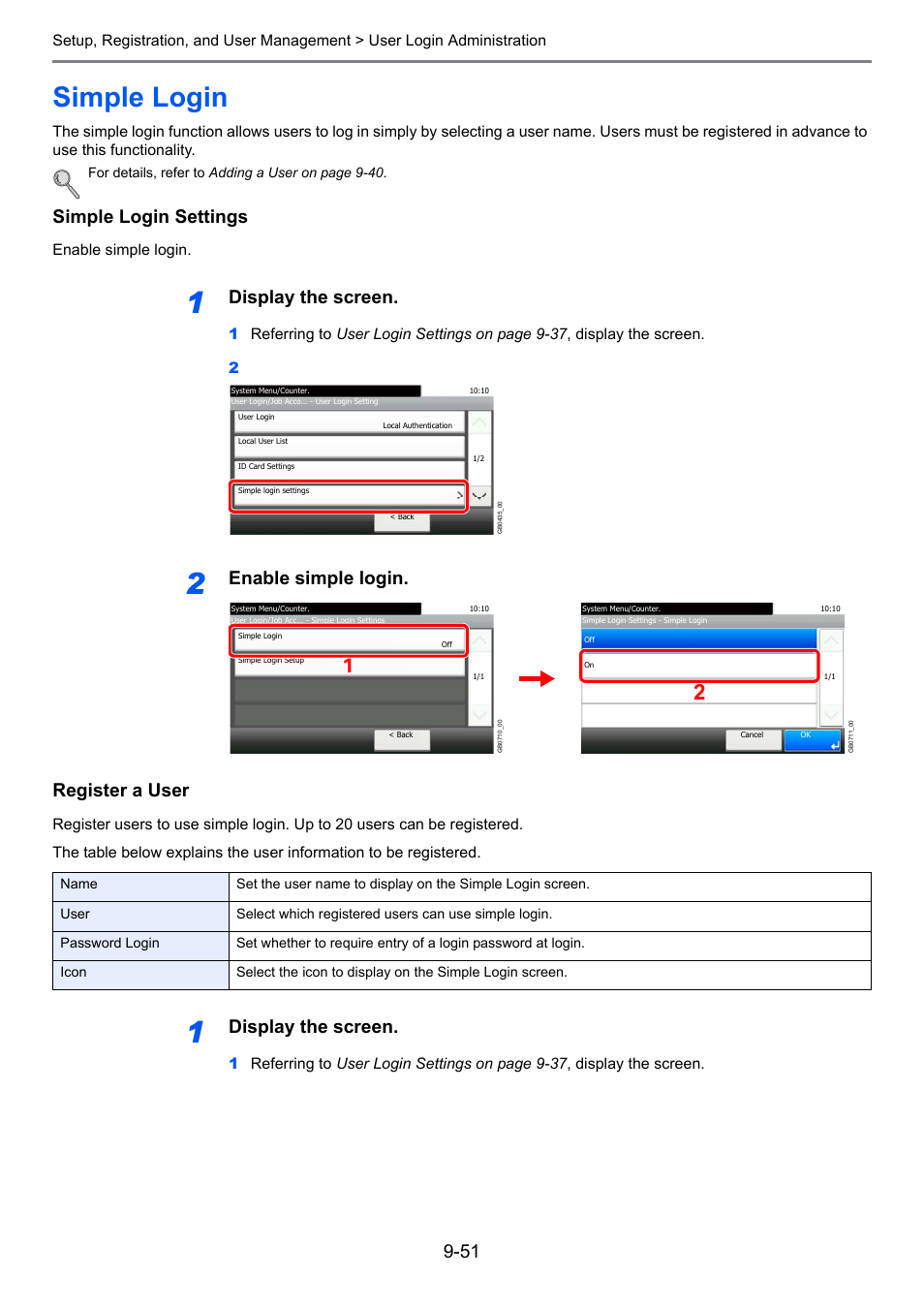 Simple login, Simple login -51, Ge 9-51 | Simple login settings, Display the screen, Enable simple login. register a user | TA Triumph-Adler 261ci User Manual | Page 307 / 396