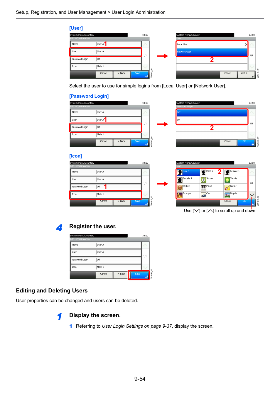 Register the user. editing and deleting users, Display the screen, Use [ ] or [ ] to scroll up and down | TA Triumph-Adler 261ci User Manual | Page 310 / 396