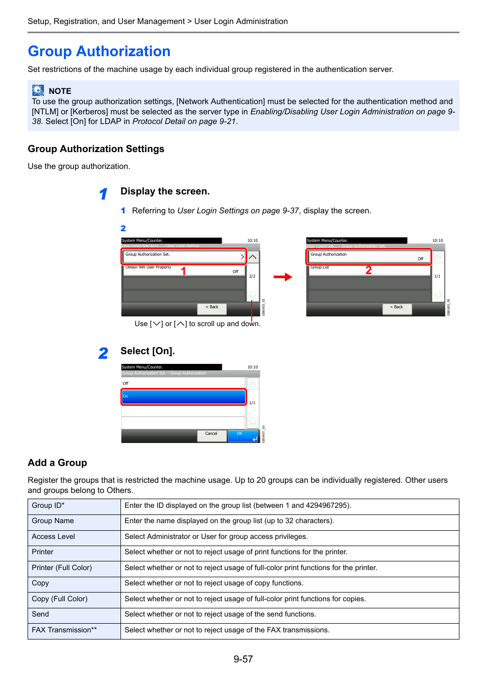 Group authorization, Group authorization -57, Group authorization settings | Display the screen, Select [on]. add a group | TA Triumph-Adler 261ci User Manual | Page 313 / 396