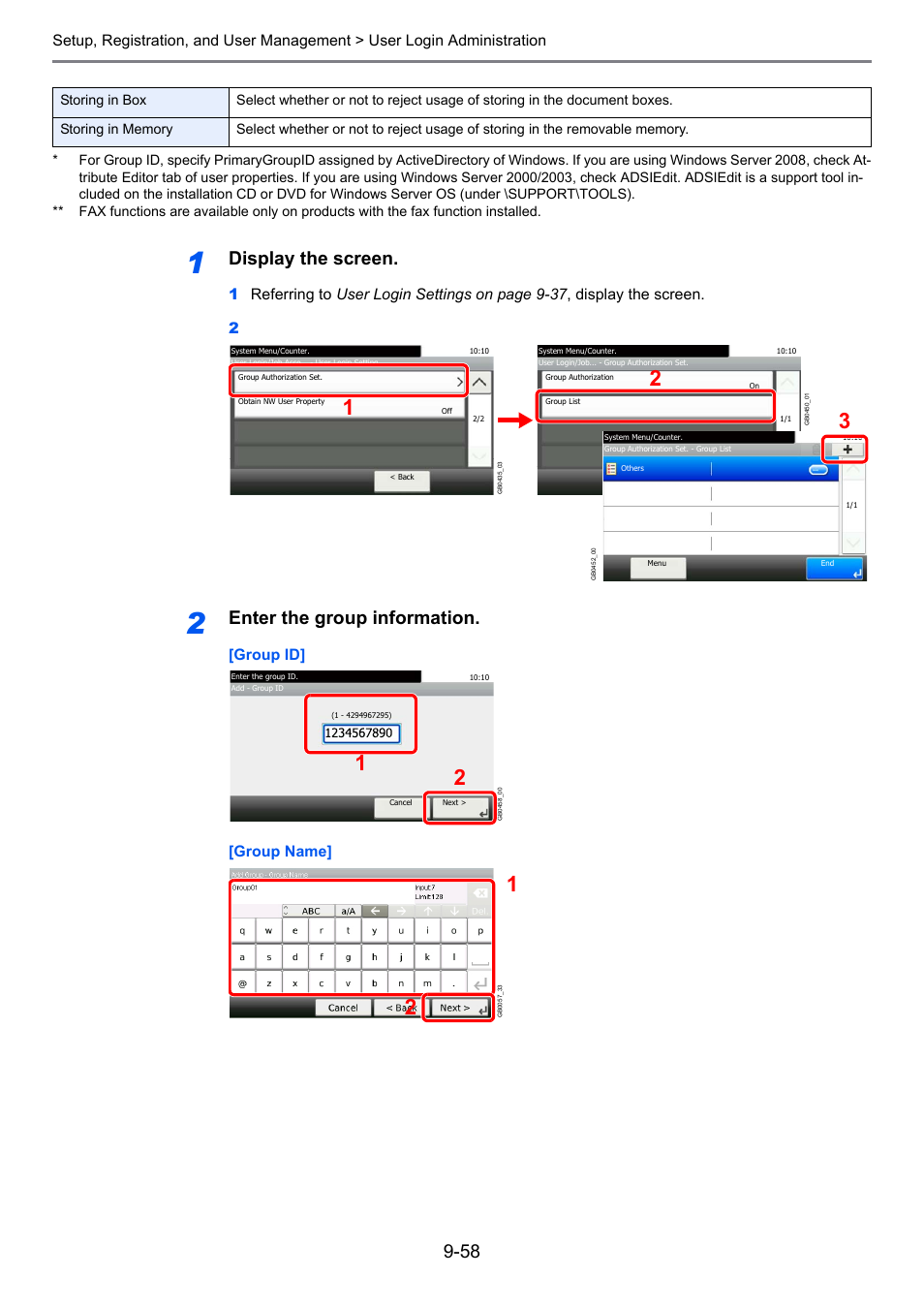 Display the screen, Enter the group information, Group id] [group name | TA Triumph-Adler 261ci User Manual | Page 314 / 396