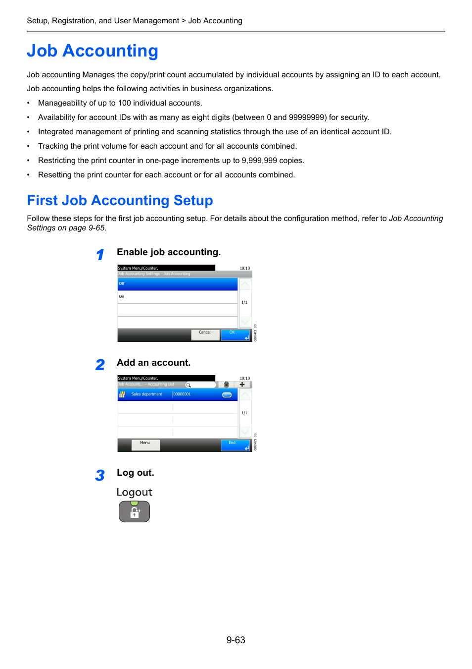 Job accounting, First job accounting setup, Job accounting -63 | First job accounting setup -63, Age 9-63, Enable job accounting, Add an account, Log out | TA Triumph-Adler 261ci User Manual | Page 319 / 396