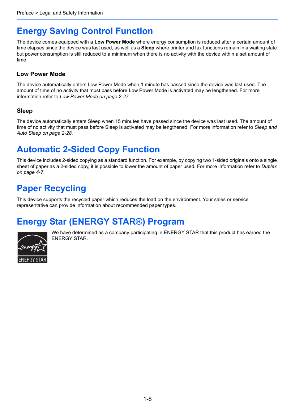 Energy saving control function, Automatic 2-sided copy function, Paper recycling | Energy star (energy star®) program | TA Triumph-Adler 261ci User Manual | Page 32 / 396