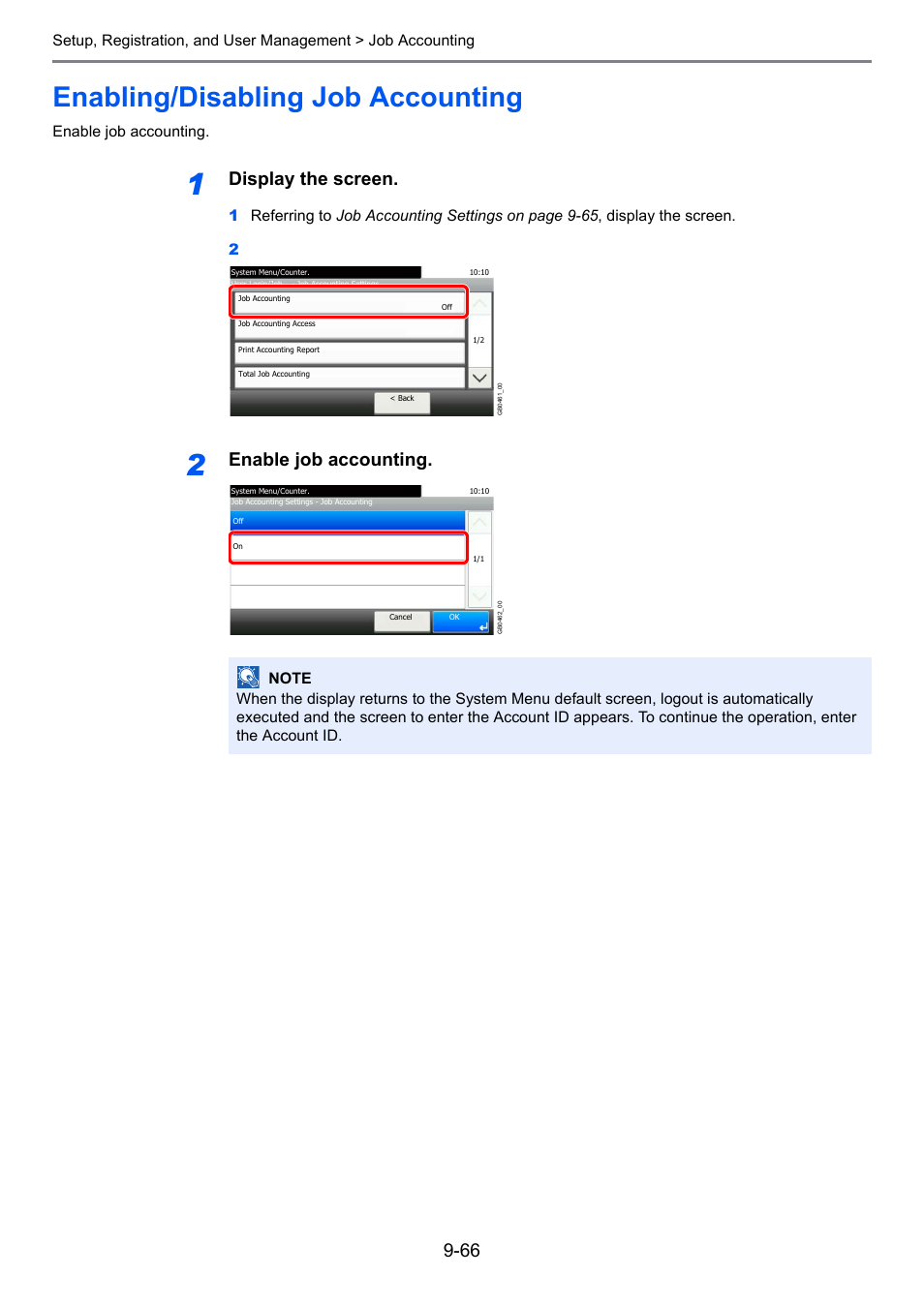 Enabling/disabling job accounting, Enabling/disabling job accounting -66, Display the screen | Enable job accounting | TA Triumph-Adler 261ci User Manual | Page 322 / 396