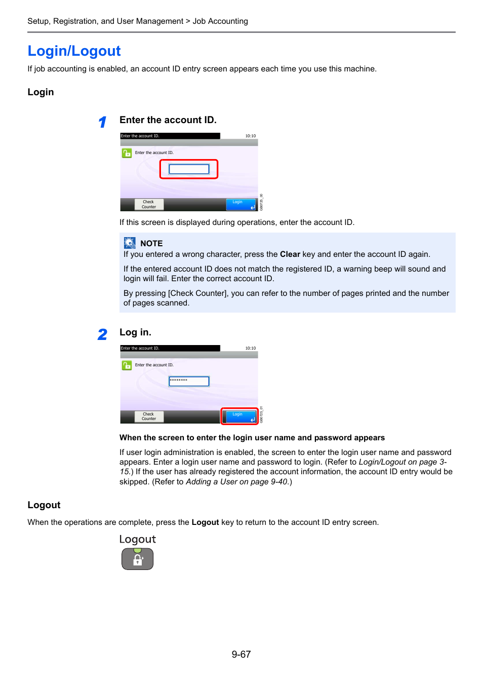 Login/logout, Login/logout -67, Login | Enter the account id, Log in, Logout | TA Triumph-Adler 261ci User Manual | Page 323 / 396