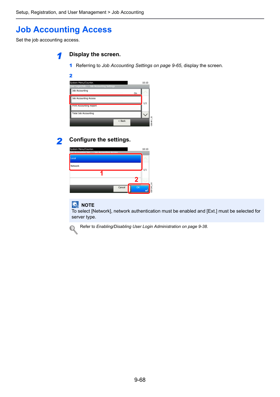 Job accounting access, Job accounting access -68, Age 9-68 | Display the screen, Configure the settings | TA Triumph-Adler 261ci User Manual | Page 324 / 396