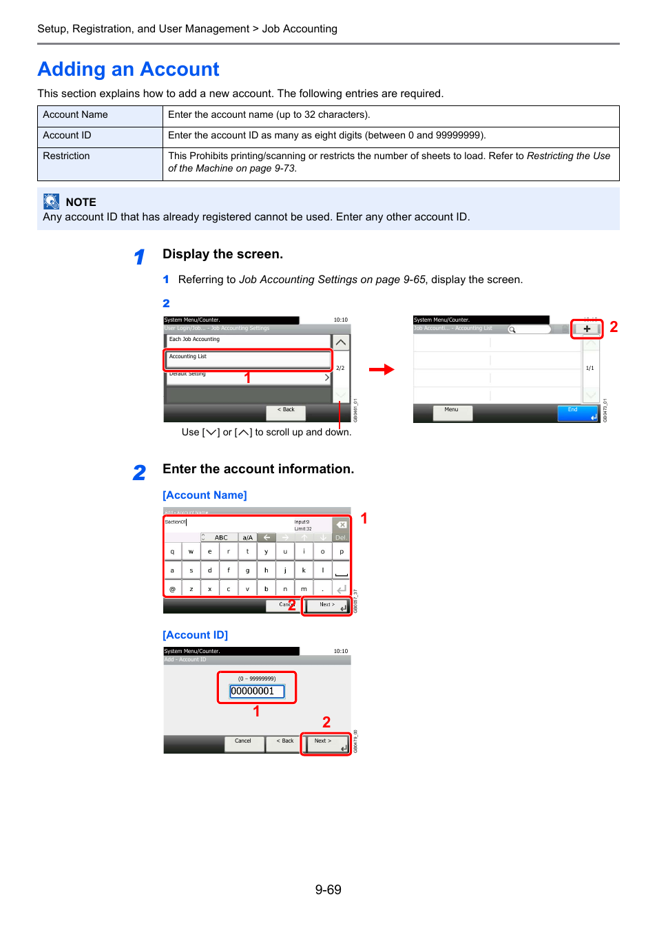 Adding an account, Adding an account -69, Age 9-69 ) | Display the screen, Enter the account information | TA Triumph-Adler 261ci User Manual | Page 325 / 396