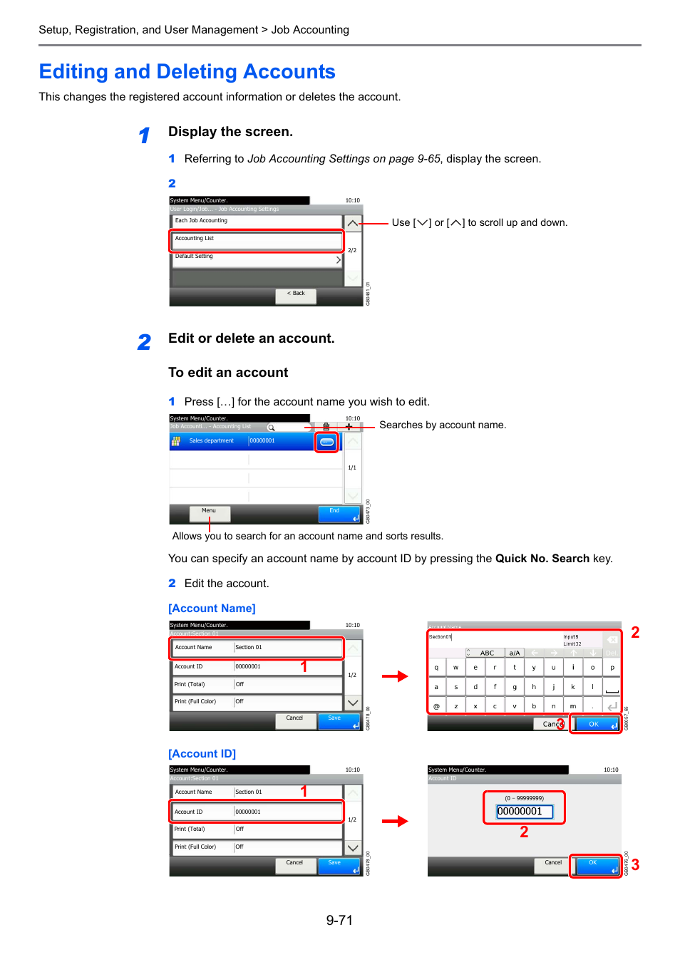 Editing and deleting accounts, Editing and deleting accounts -71, Display the screen | Edit or delete an account. to edit an account | TA Triumph-Adler 261ci User Manual | Page 327 / 396