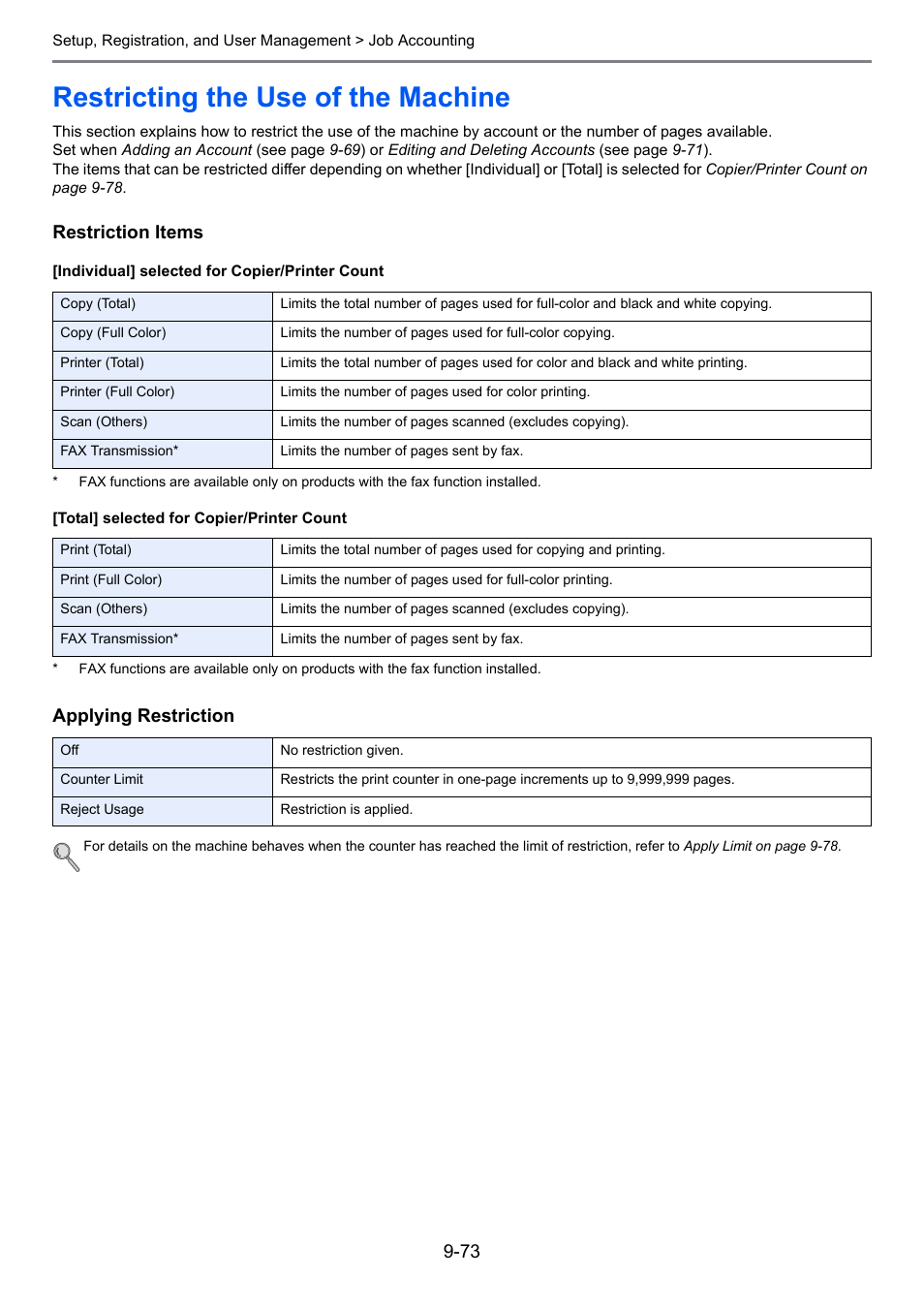 Restricting the use of the machine, Restricting the use of the machine -73, Restriction items | Applying restriction | TA Triumph-Adler 261ci User Manual | Page 329 / 396