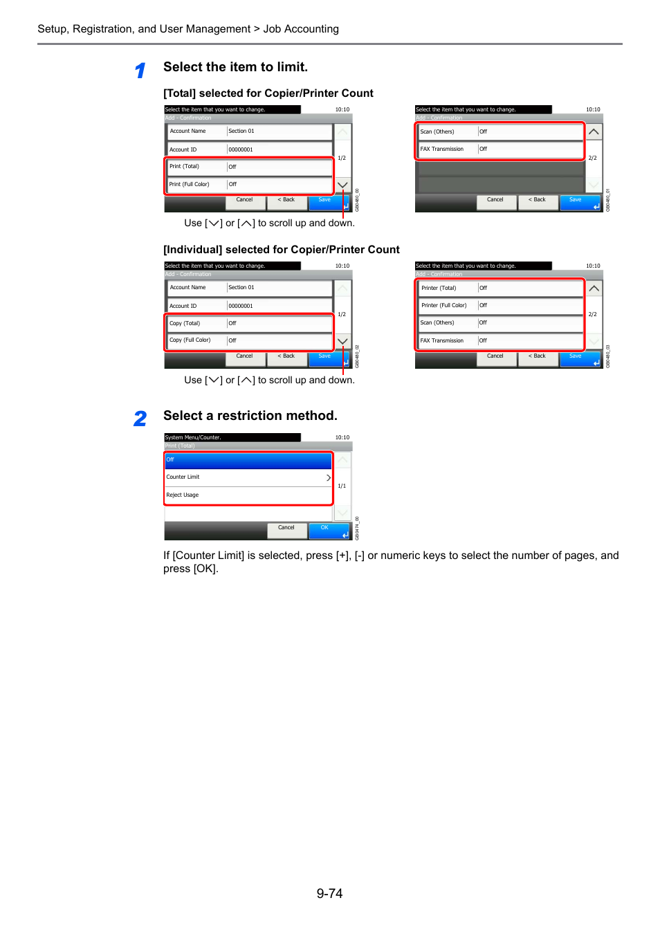 Select the item to limit, Select a restriction method, Use [ ] or [ ] to scroll up and down | TA Triumph-Adler 261ci User Manual | Page 330 / 396