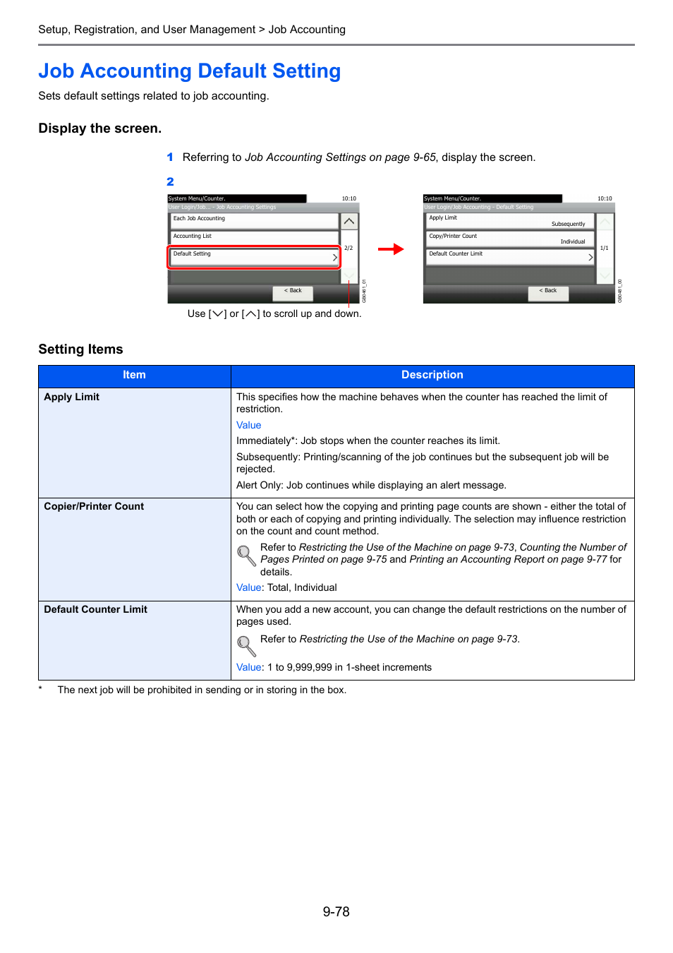 Job accounting default setting, Job accounting default setting -78, Display the screen | Setting items | TA Triumph-Adler 261ci User Manual | Page 334 / 396