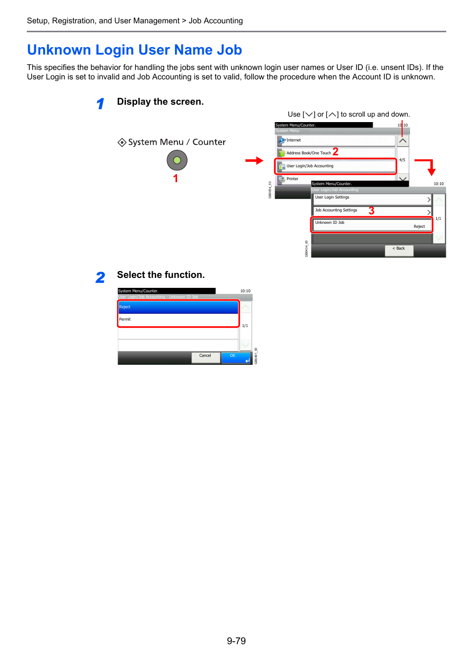 Unknown login user name job, Unknown login user name job -79, Display the screen | Select the function | TA Triumph-Adler 261ci User Manual | Page 335 / 396